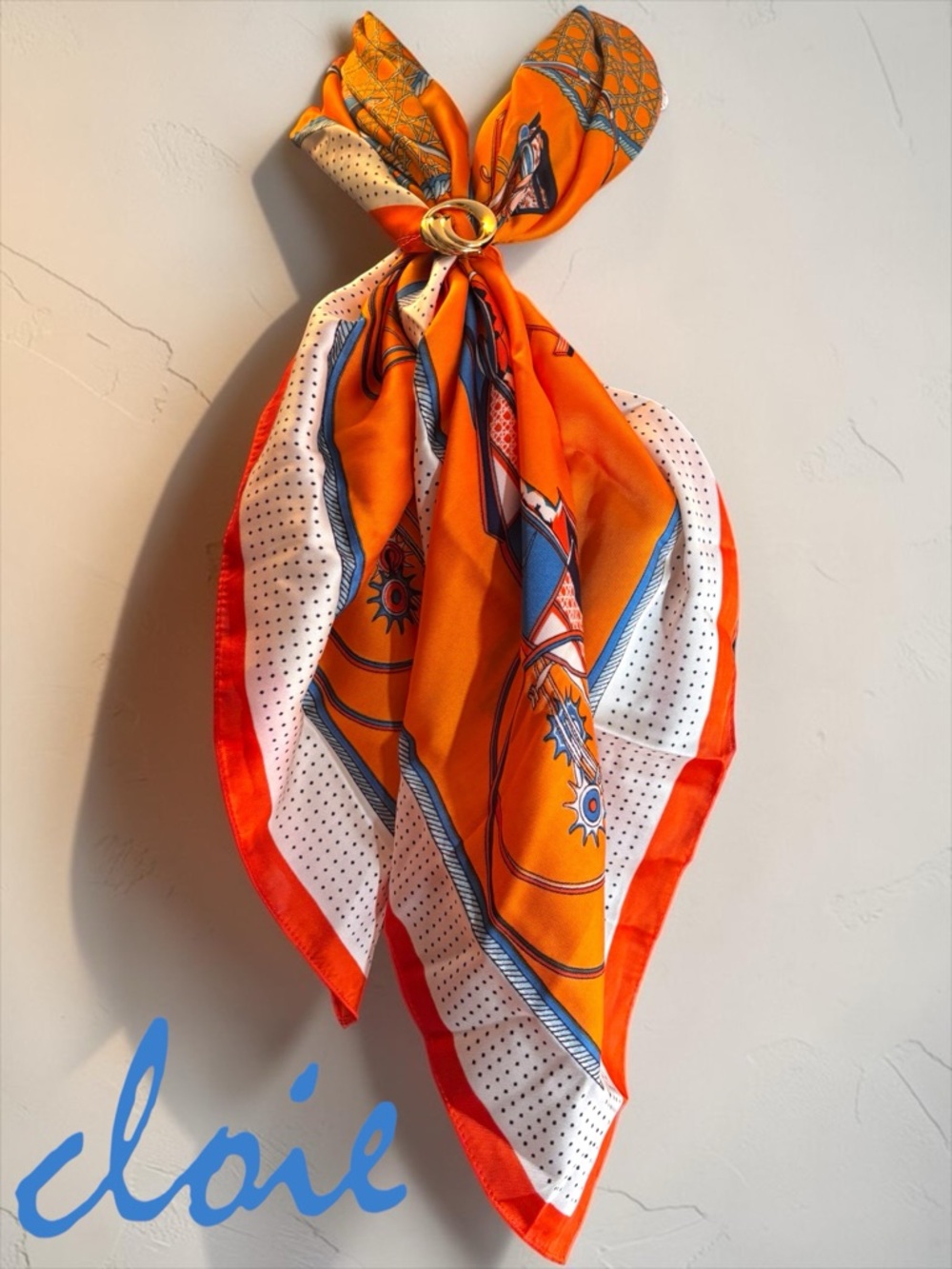 CLOIE 100% Silk Scarf – Orange Equestrian Print | Luxe Statement NWOT